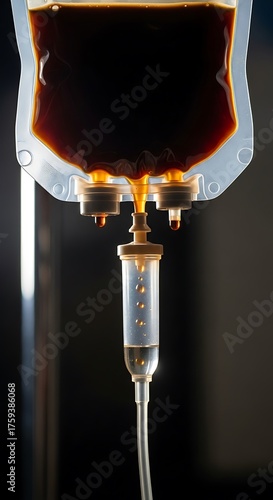 Close-up of a blood bag and IV drip in a hospital setting.