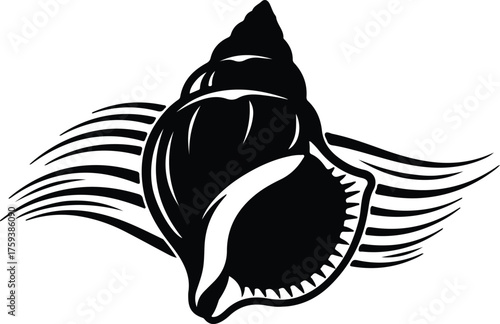 Vector stylized seashell conch with wave design silhouette illustration