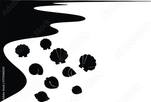 Vector Various seashells on the beach with sea silhouette illustration