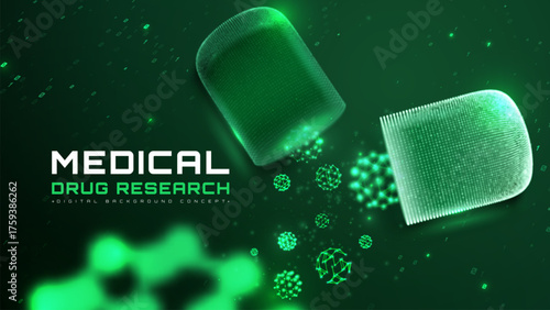 Medical drug research design concept with futuristic artificial intelligence technology with glow binary code decoration and neon light effect on dark green background.
