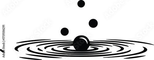 Vector water droplets creating ripple effect in black and white silhouette illustration