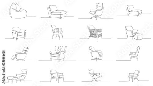 Collection of armchair sketches in minimalist black and white line art