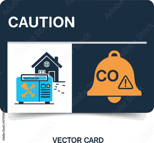 Caution sign for carbon monoxide poisoning prevention, showing a generator used outdoors near a house and a CO alarm bell.