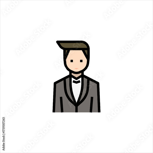 Groom in a tuxedo stands formally at wedding reception with a bow tie and neatly styled hair, creating a sophisticated and elegant atmosphere.