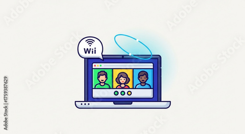 Virtual meeting on laptop, showcasing diverse participants and wifi connection for seamless communication