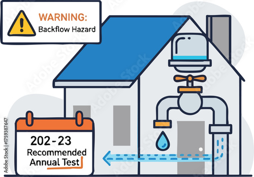 Illustration showing a house with a backflow prevention device and a calendar indicating a recommended annual test for 2022-2023.