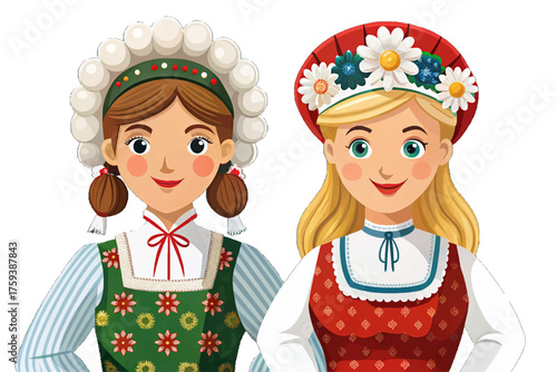 Swiss woman in traditional Alpine folk costume with embroidered apron, puffed sleeves, and floral headwear