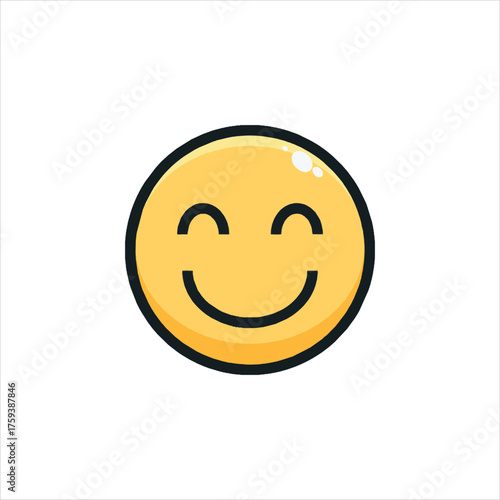 Yellow smiley face expressing joy and contentment with closed eyes and gentle smile on a clean white surface, conveying happiness and positive emotion.
