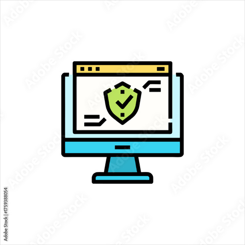 Computer displaying security shield icon on screen representing data protection and cyber safety in a modern office setting, conveying trust and reliability.