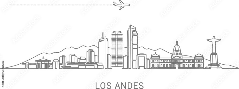 Obraz premium Los Andes Skyline with Airplane and Mountains Line Art