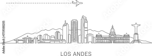Los Andes Skyline with Airplane and Mountains Line Art