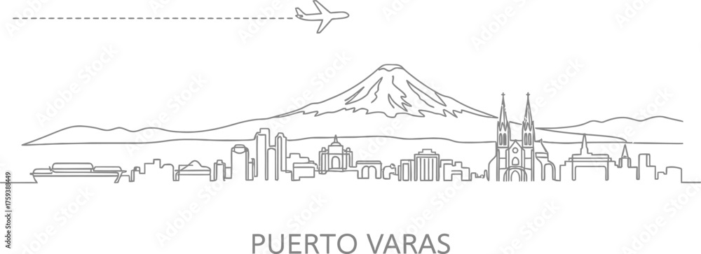 Fototapeta premium Puerto Varas cityscape line art with volcano and airplane