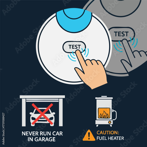Carbon monoxide detector safety tips and warnings illustration.