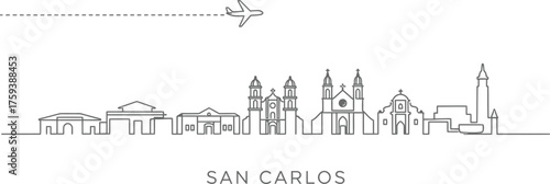 San Carlos City Skyline with Airplane and Dashed Line