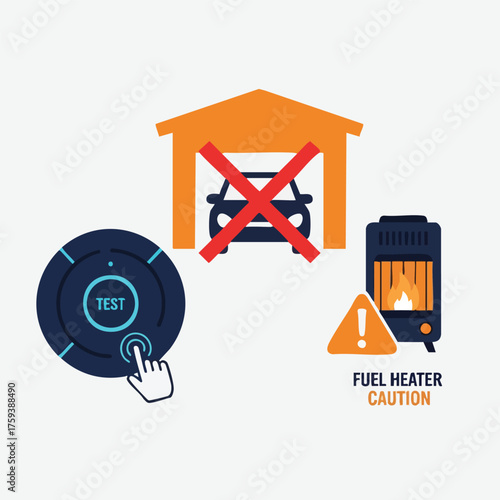 Carbon monoxide safety concept with detector, car in garage warning, and fuel heater caution sign.
