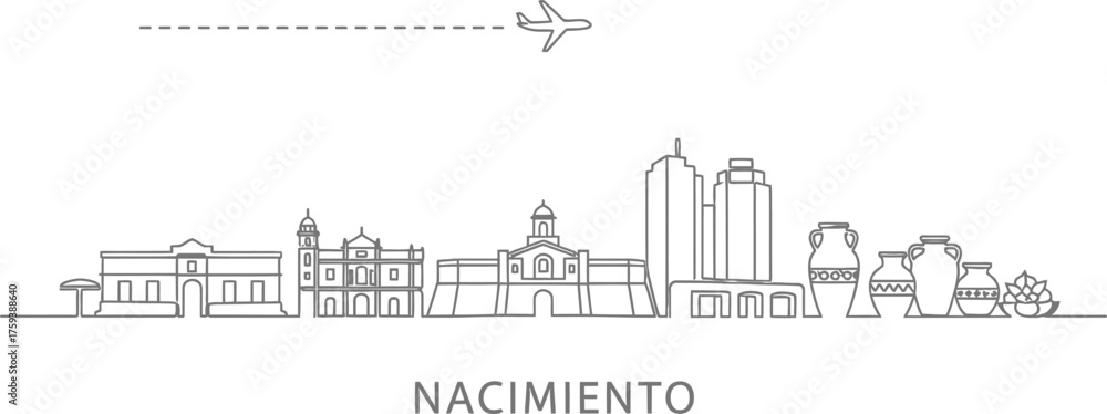 Obraz premium Nacimiento cityscape with airplane and ancient pottery line art