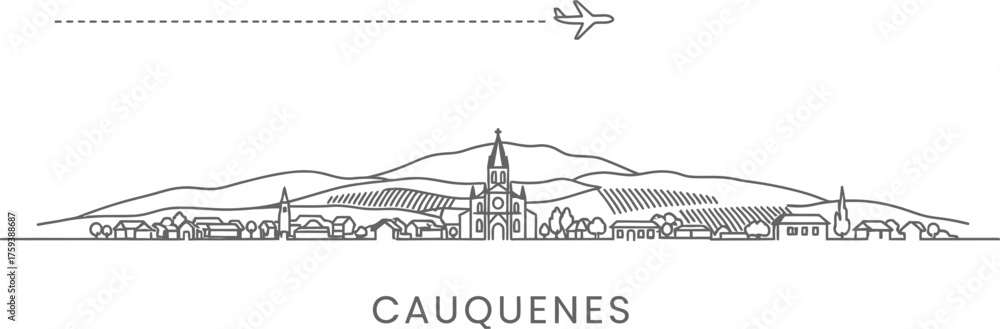 Fototapeta premium Cauquenes skyline with airplane and travel path
