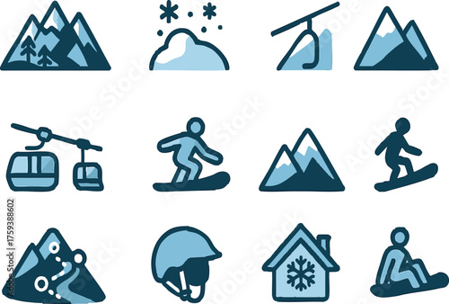 Snowboard Mountain Icon Set include, Alpine Terrain, Powder Snow, Slope Gradient, Ski Lifts, Winter Sports, Mountain Peaks, Trail Routes, Safety Equipment, Freestyle Features etc.