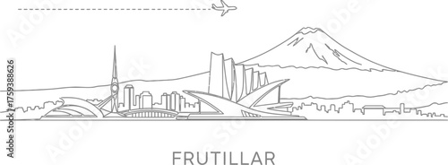 Frutillar Skyline with Volcano and Airplane Line Art