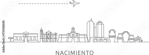Nacimiento cityscape with airplane and ancient pottery line art