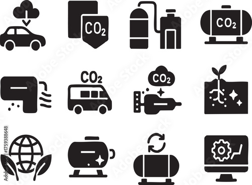 Onboard Carbon Capture System Icon Set include, Emission Reduction, CO2 Filtration, Capture Technology, Storage Systems, Vehicle Integration, Carbon Sequestration, Air Purification