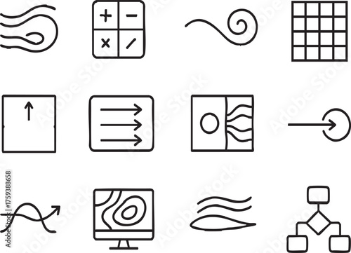 Computational Fluid Dynamic Icon Set include, Flow Simulation, Numerical Analysis, Turbulence Modeling, Mesh Generation, Pressure Distribution, Velocity Fields, Heat Transfer etc.