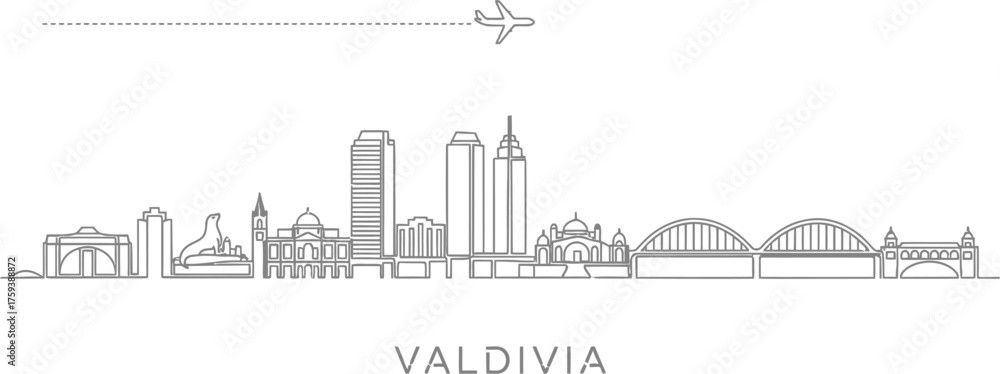 Naklejka premium Valdivia Skyline with Airplane Silhouette
