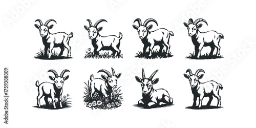 Collection of Eight Goat Poses in Linocut Style