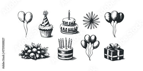 Birthday party elements collection with cake, balloons, cupcake, gift, and decor
