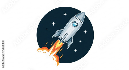 Illustration of a rocket ship launching into space with stars and a dark blue background space exploration concept