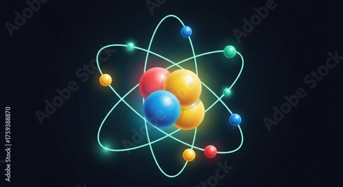 A colorful atom model with electrons orbiting the nucleus, representing energy, science, and the structure of matter in a vibrant illustration