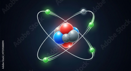 A detailed atom model with glowing electrons orbiting a nucleus, illustrating science, energy, and the fundamental structure of matter