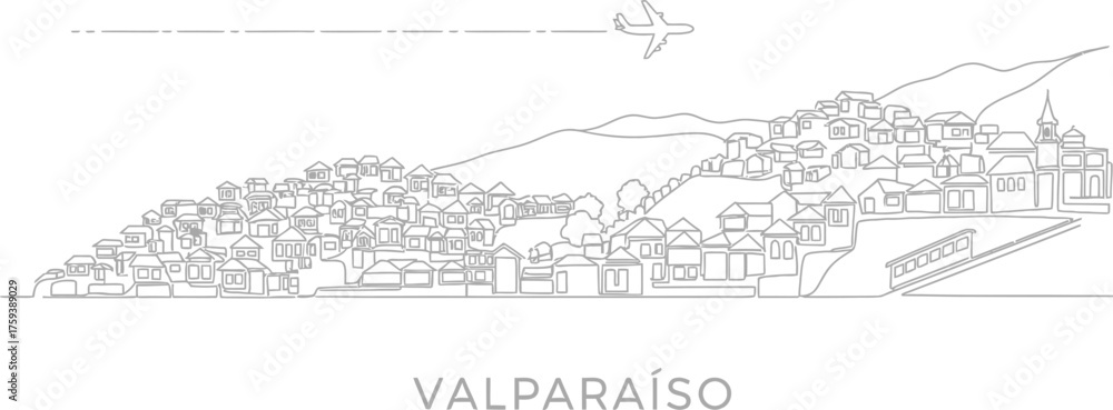 Obraz premium Line Art Valparaiso Skyline with Airplane