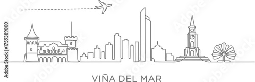 Viña del Mar Chile Skyline Line Art with Airplane
