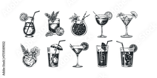 Collection of various refreshing alcoholic beverage illustrations