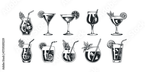 Collection of Diverse Cocktail Glasses with Garnishes