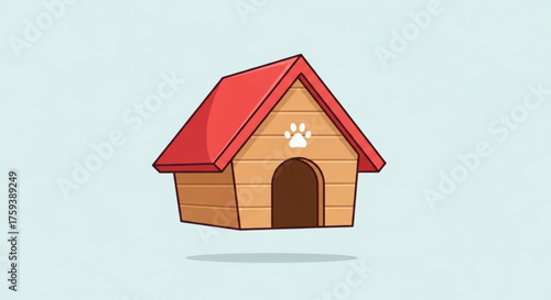 A charming cartoon dog house with a red roof and a cute paw print, , perfect for illustrating pet care and home