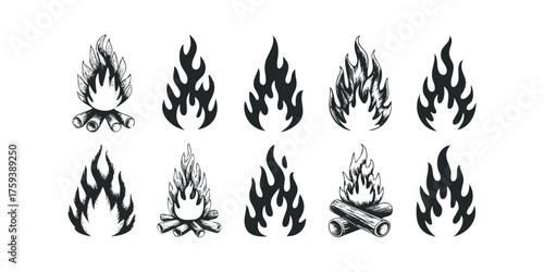 Collection of Hand-Drawn Campfire and Flame Icons
