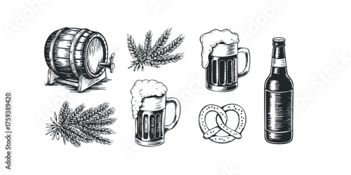 Wooden barrel with tap, beer mugs, wheat stalks, and pretzel