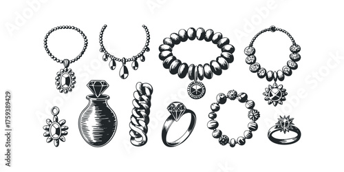 Assortment of antique jewelry including necklaces, rings and bracelets