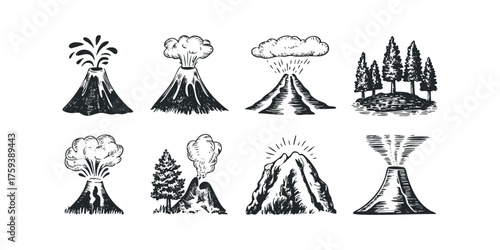 Volcanic eruption and mountain formations with trees