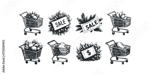 Collection of Hand Drawn Shopping Carts with Groceries and Sale Labels