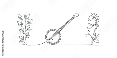 Continuous line drawing of a banjo with foliage