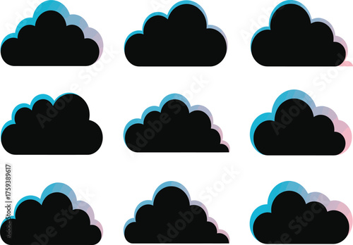 Cloud icon set with duotone shadow