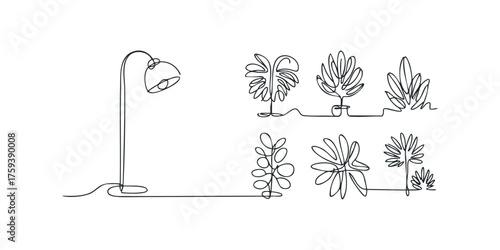 Continuous line drawing of a floor lamp and potted plants