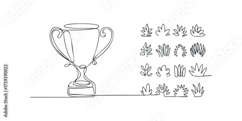 Continuous line drawing of a trophy and assorted plants