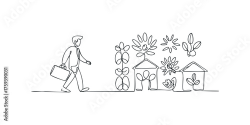 Man with briefcase walking past stylized houses with plants