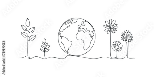 Earth with growing plants and flowers line art