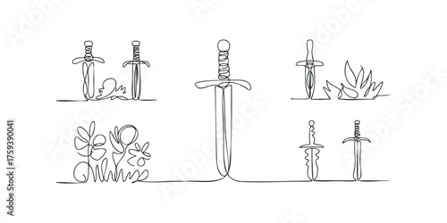 Collection of simple sword outline drawings in continuous line style