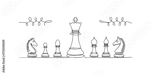 Continuous Line Drawing of Chess Pieces and Decorative Swirls